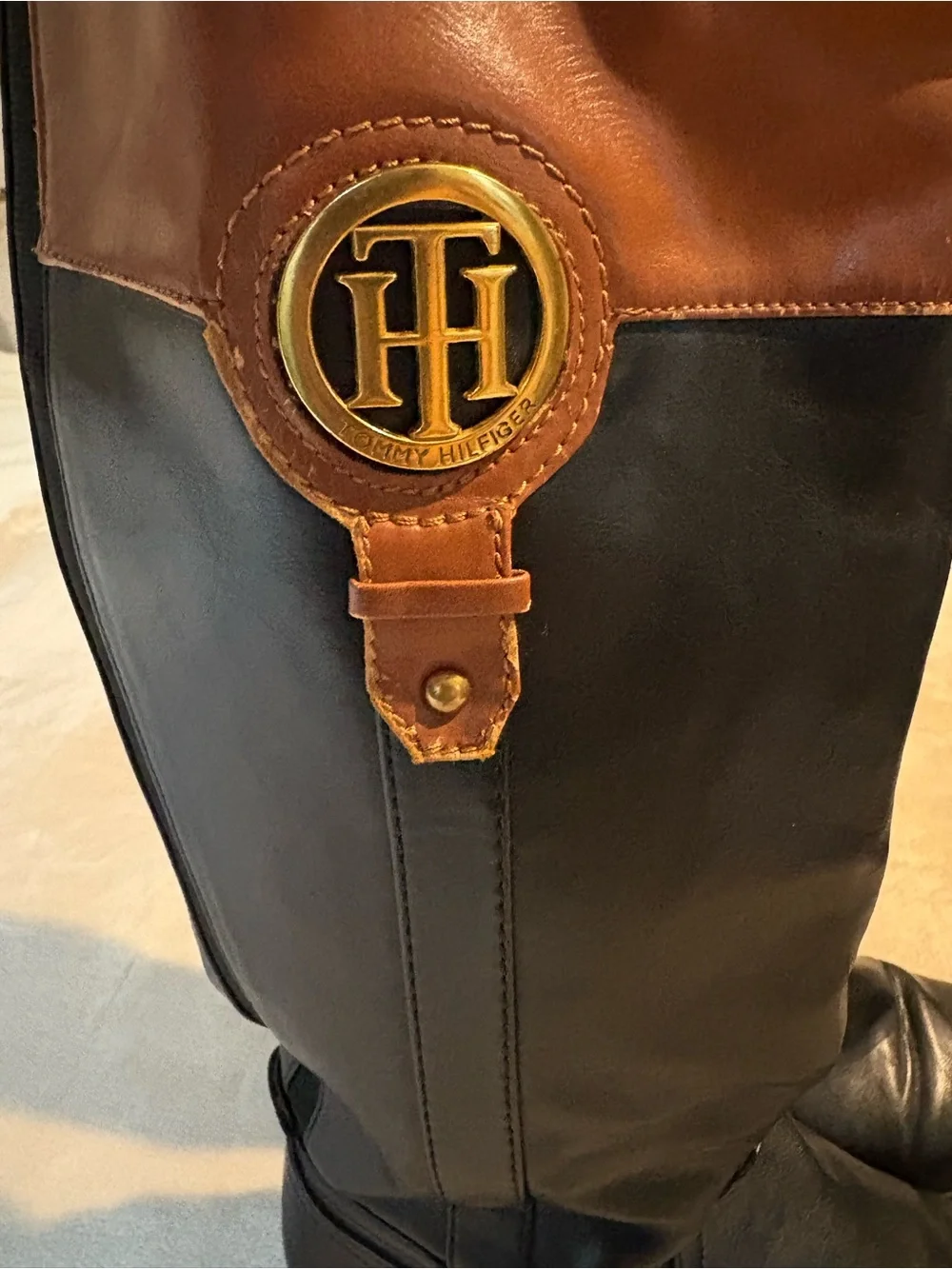Tommy Hilfiger Black and Brown Leather Riding Boots with Gold Logo